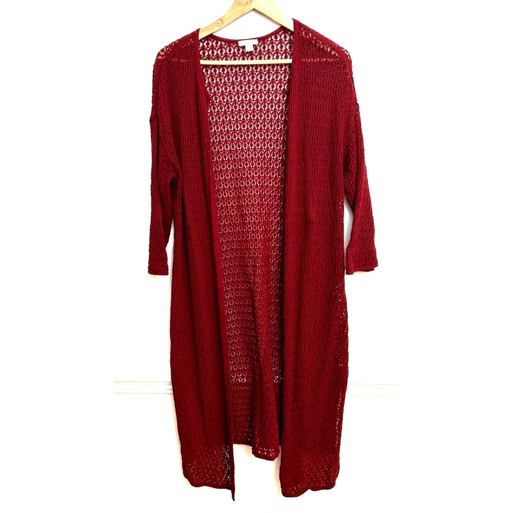 J. Jill Cardigan Duster Women's L Red Pointelle Knit Longline 3/4 Sleeve